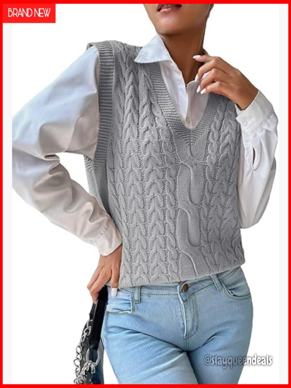 Cable Knit V Neck Sleeveless Pullover Sweater Vest Preppy Top
